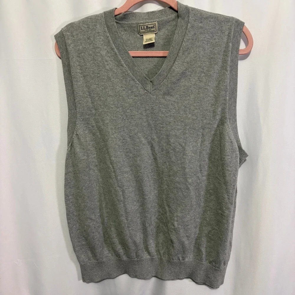 LL Bean Mens XL Grey Cotton Cashmere V-Neck Sweater Vest Heather Gray XL-REG